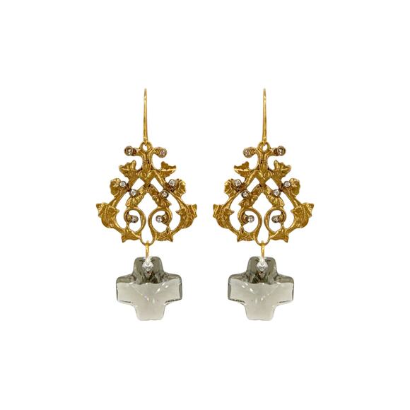 VIRGINS SAINTS & ANGELS VSA Vine Earrings with Cross in Gold & Black Diamond - Picture 1 of 5